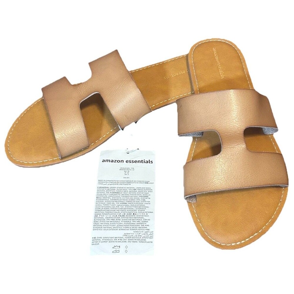 NWT Womens Flat Sandals Ladies Open Toe Slip On Casual Sliders Size 11 Wide Tan